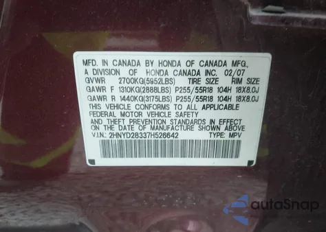 2007 Acura Mdx Technology Package from USA, damaged, VIN 2HNYD28337H526642